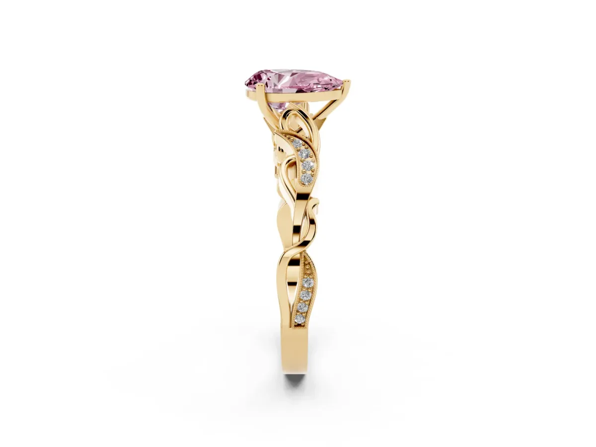 Fancy Pink Pear Cut Solitaire Vine Band with Milgrain Prong Setting Yellow gold