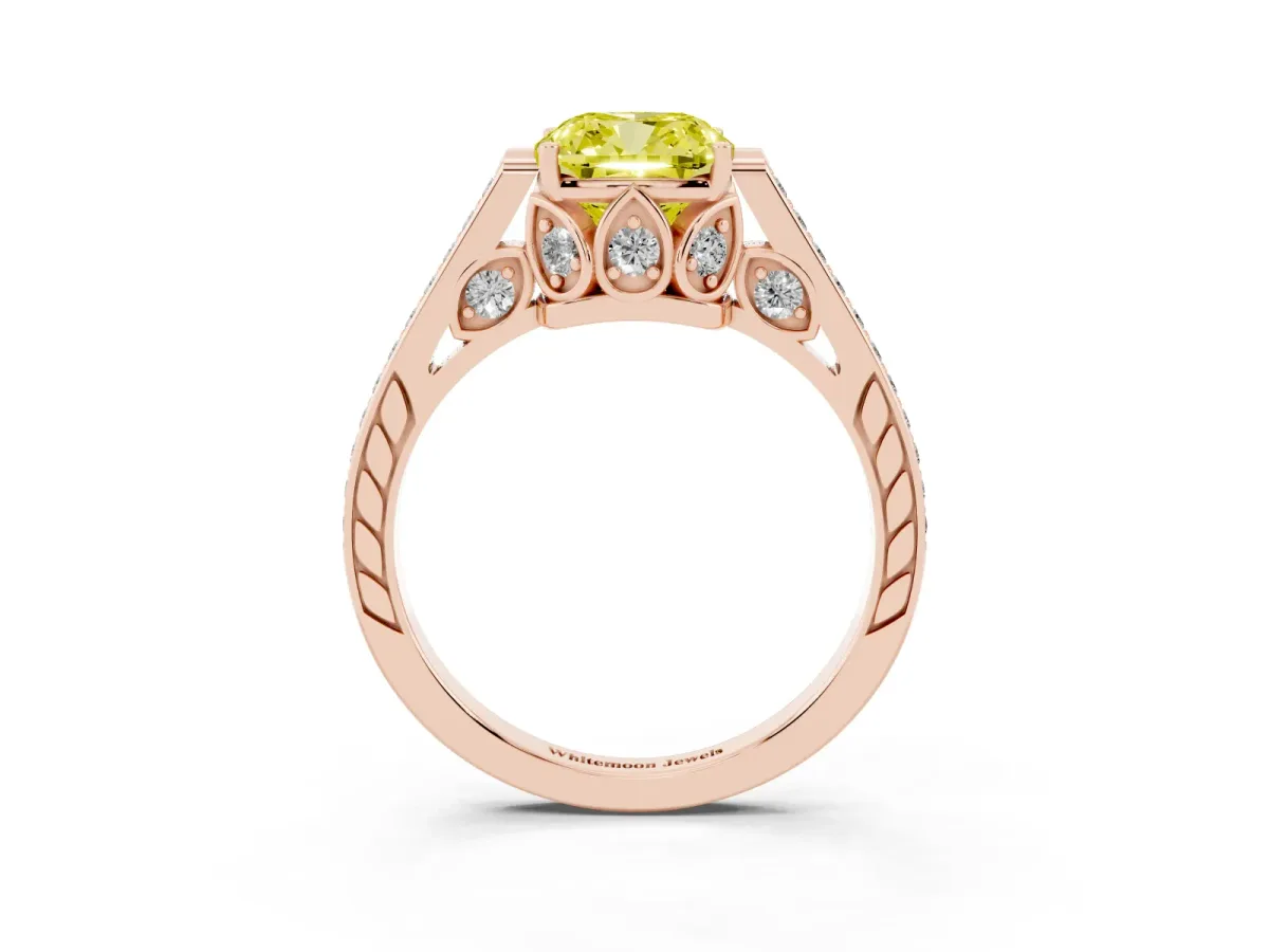 Fancy Yellow Cushion Cut Cut Cathedral Pave Diamond Engagement Ring with Six-Prong Setting Rose gold