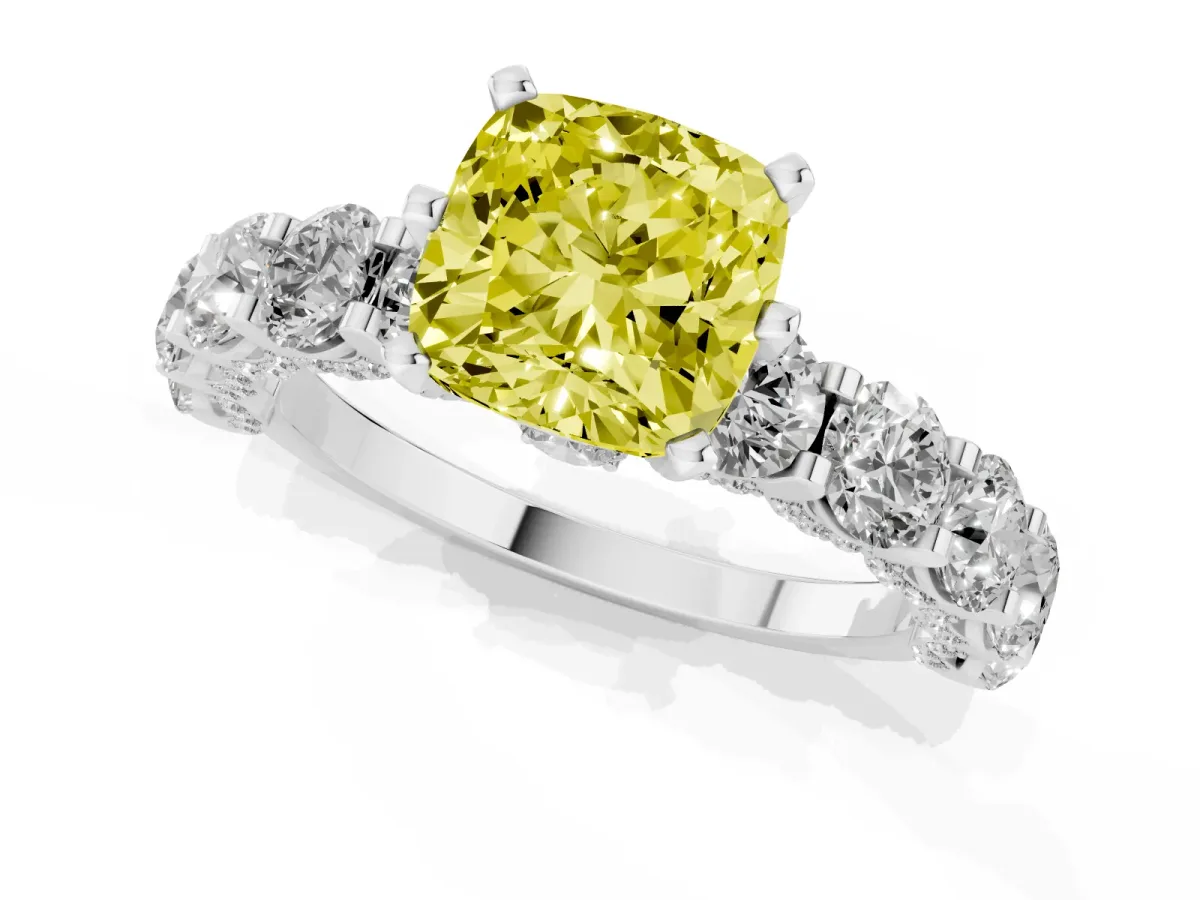 Fancy Yellow Cushion Cut Diamond Side Stone Engagement Ring with Four-Prong Setting White gold