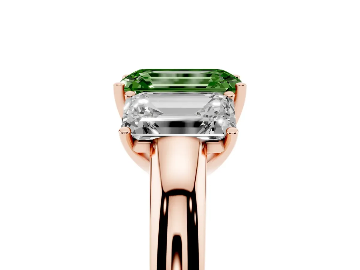 Fancy Green Emerald Cut Diamond Three-Stone Ring with Four-Prong Setting and Classic Band Rose gold