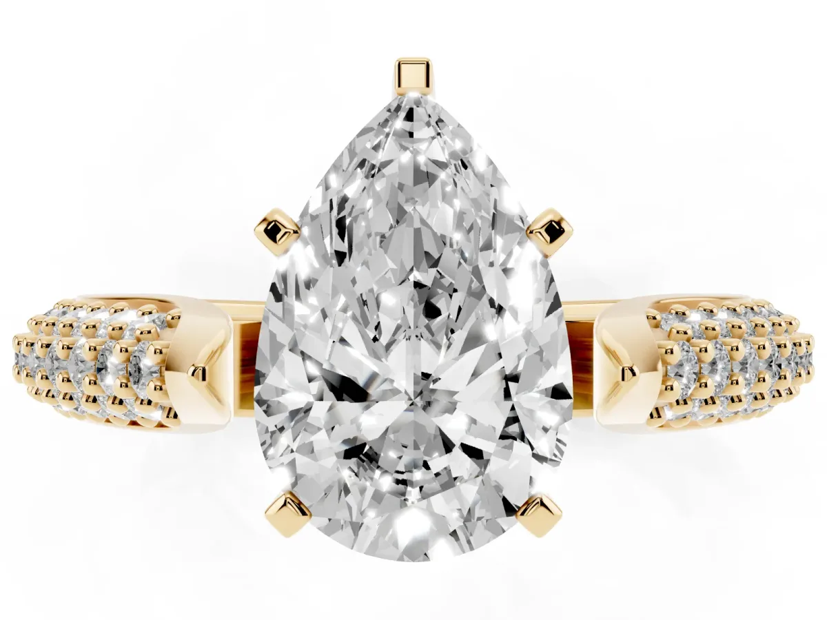 Pear Cut Diamond Solitaire Engagement Ring with Multi-Row Round Pavé Band and Prong Setting Yellow gold