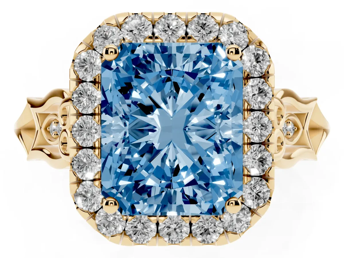 Fancy Blue Radiant Cut Halo Diamond Engagement Ring with Filigree Band and Four-Prong Setting Yellow gold