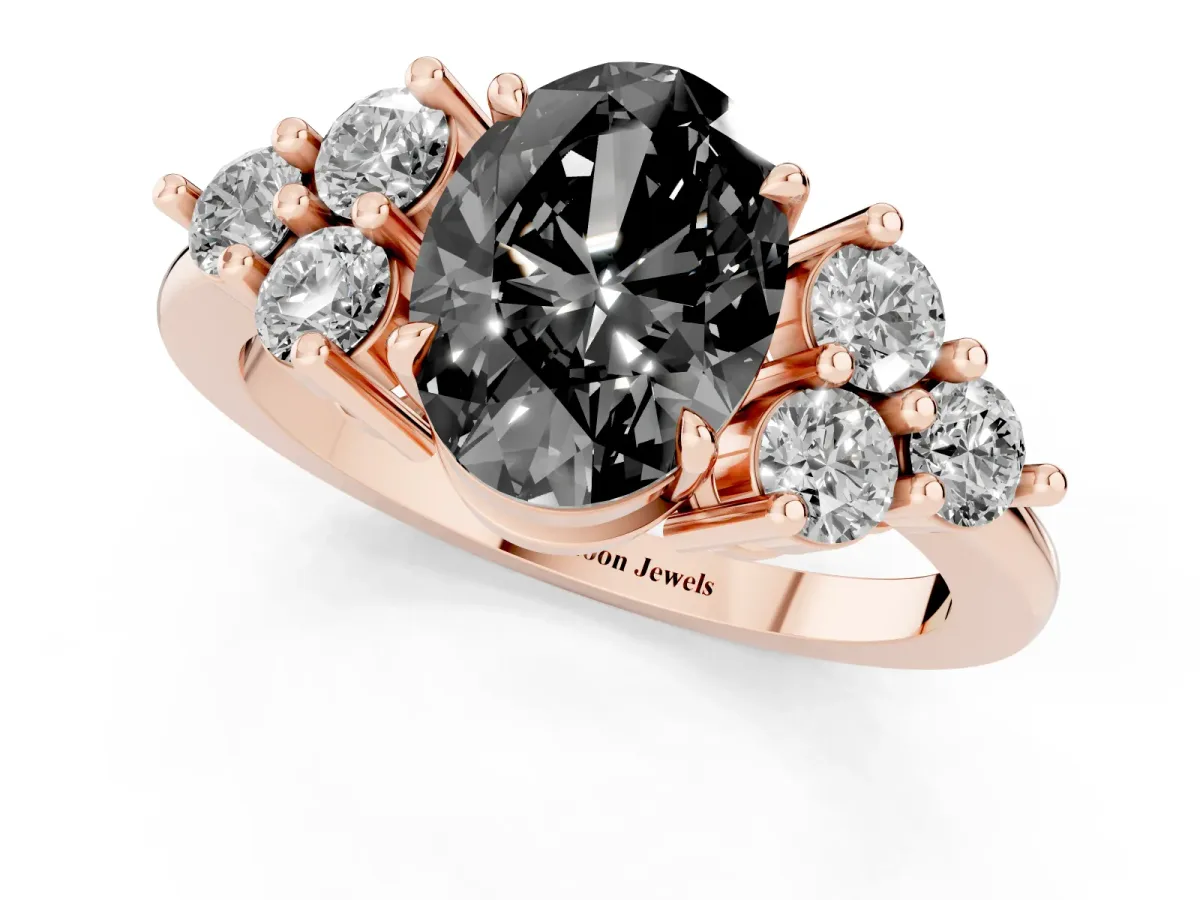 Fancy Black Oval Cut Brilliant Diamond Cluster Accent Solitaire Ring with Prong Setting Rose gold