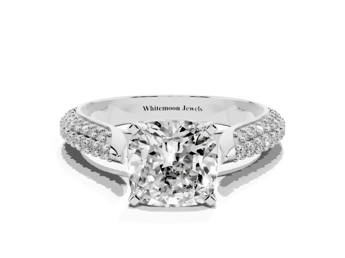 Cushion Cut Diamond Solitaire Engagement Ring with Multi-Row Round Pavé Band and Prong Setting Silver