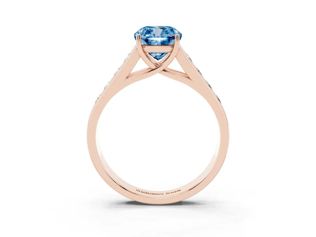 Fancy Blue Cushion Cut Solitaire Channel-Set Diamond Engagement Ring with Four-Prong Setting Rose gold