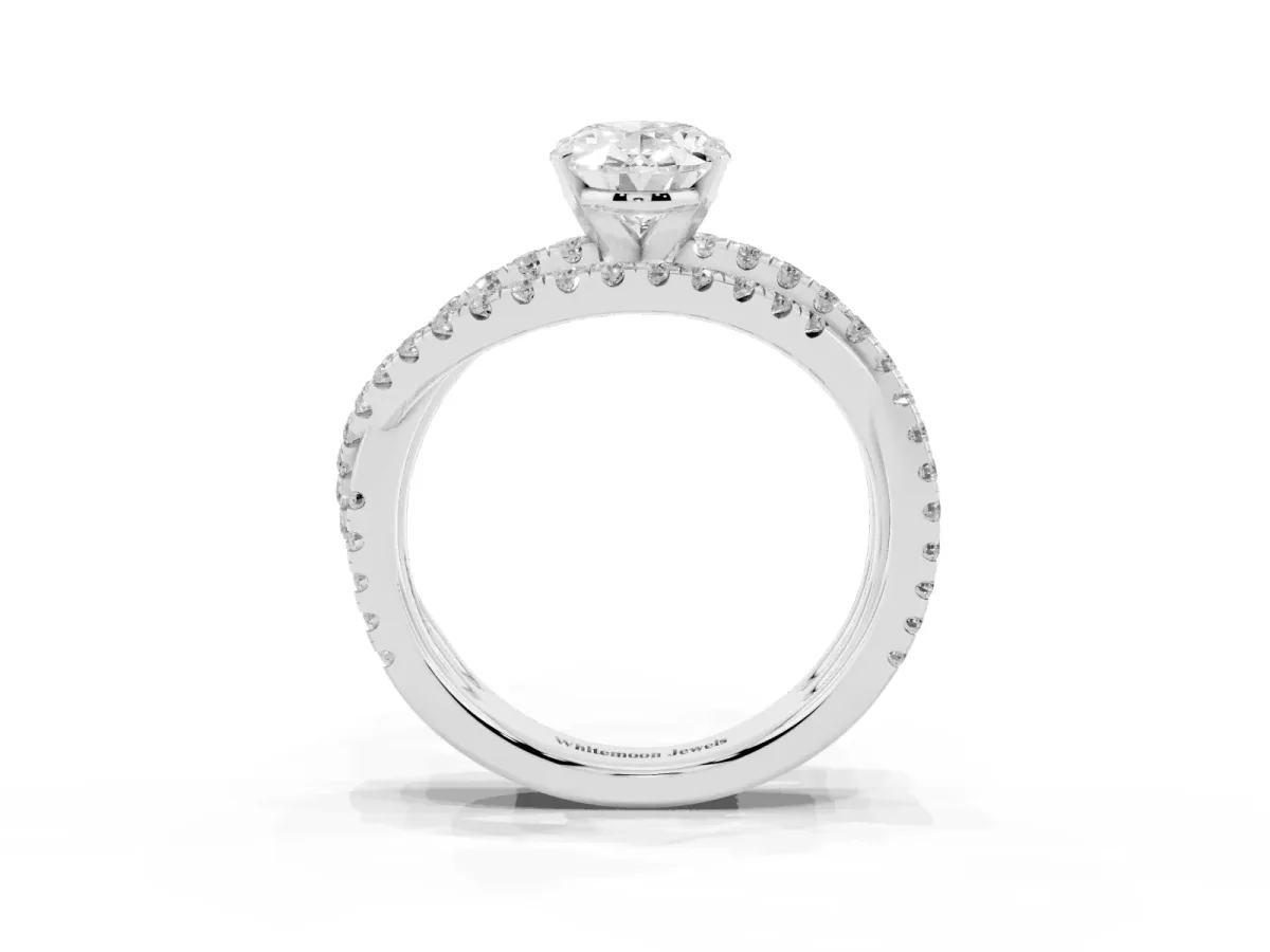 Oval Cut Solitaire Twist Band with Pavé Setting and Four-Prong Setting Platinum