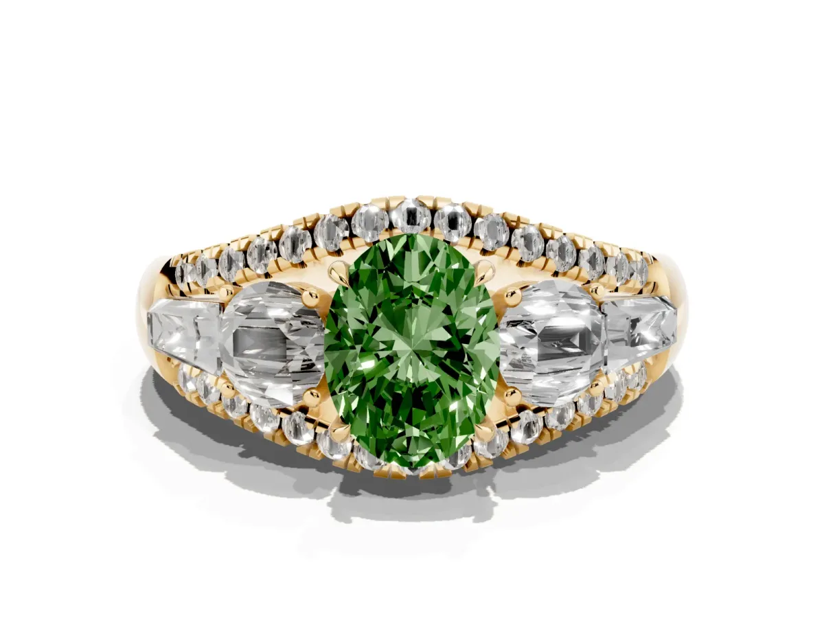 Fancy Green Three-Stone Oval Cut Diamond Engagement Ring with Pave Band and Prong Setting Yellow gold
