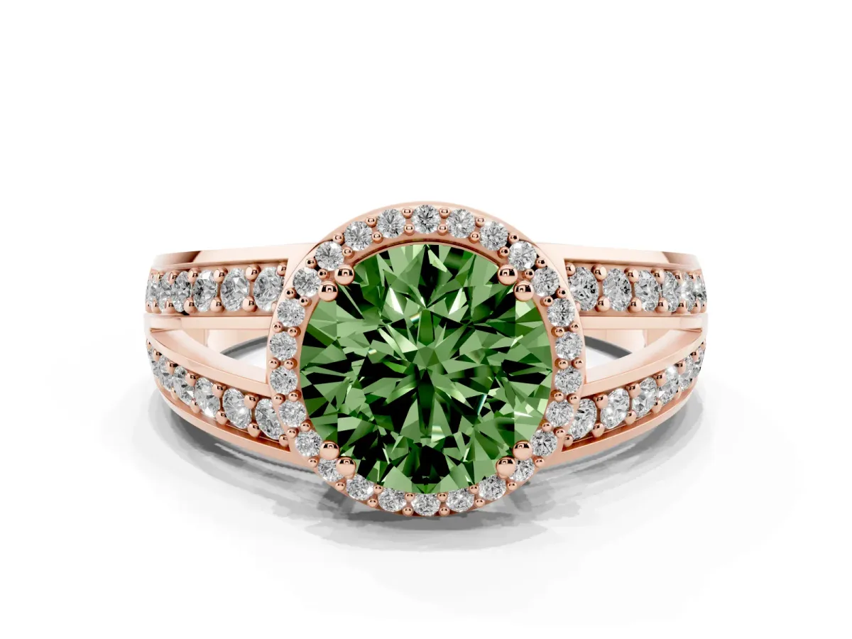Fancy Green Round Cut Diamond Halo Ring with Split Shank Pavé Band and Four-Prong Setting Rose gold