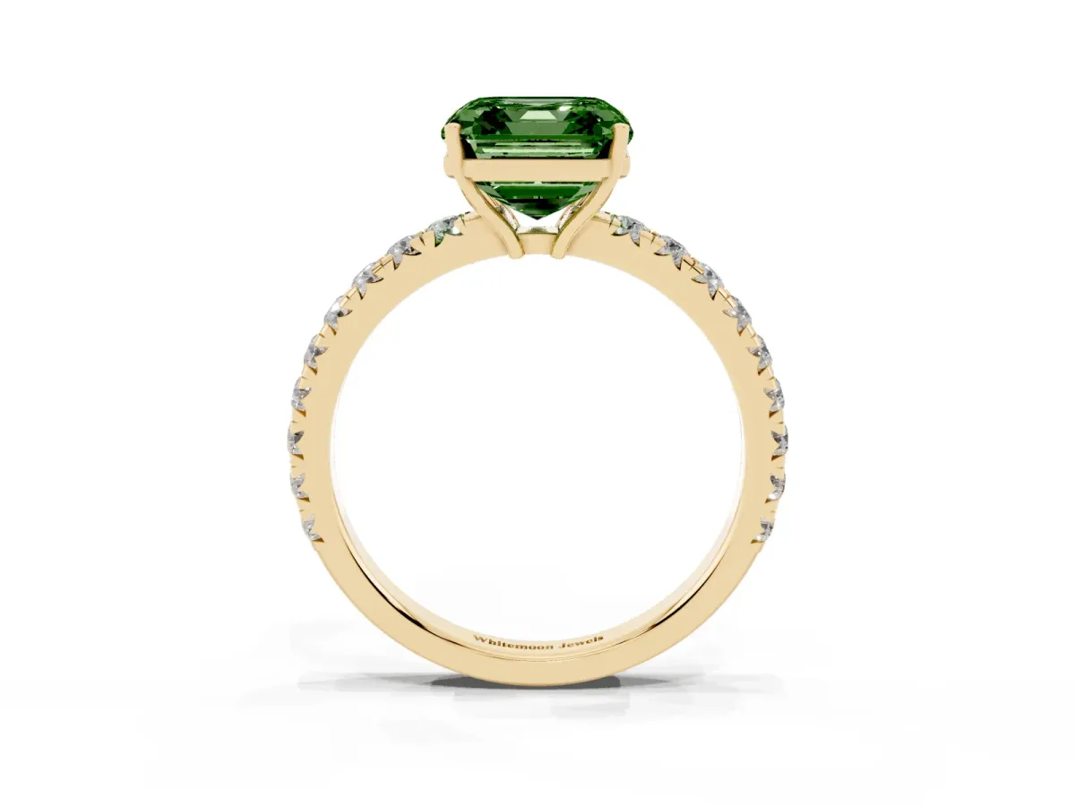 Fancy Green Asscher Cut Diamond Pavé Solitaire Engagement Ring with Four-Prong Setting Yellow gold
