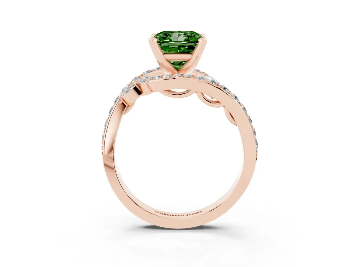 Fancy Green Princess Cut Solitaire with Pavé Twist Band and Four-Prong Setting Rose gold