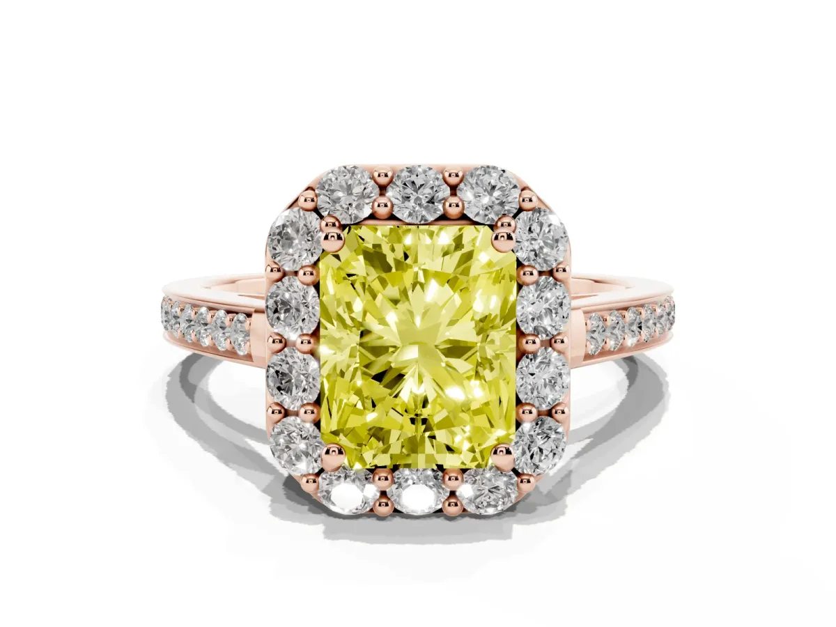 Fancy Yellow Radiant Cut Diamond Floral Halo Ring with Pavé Band and Prong Setting Rose gold