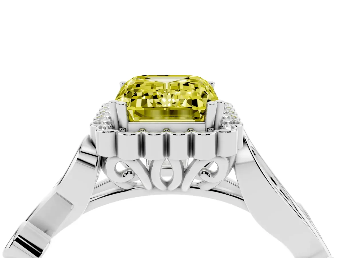 Fancy Yellow Emerald Cut Diamond Halo Ring with Vintage Split Shank and Four-Prong Setting Silver