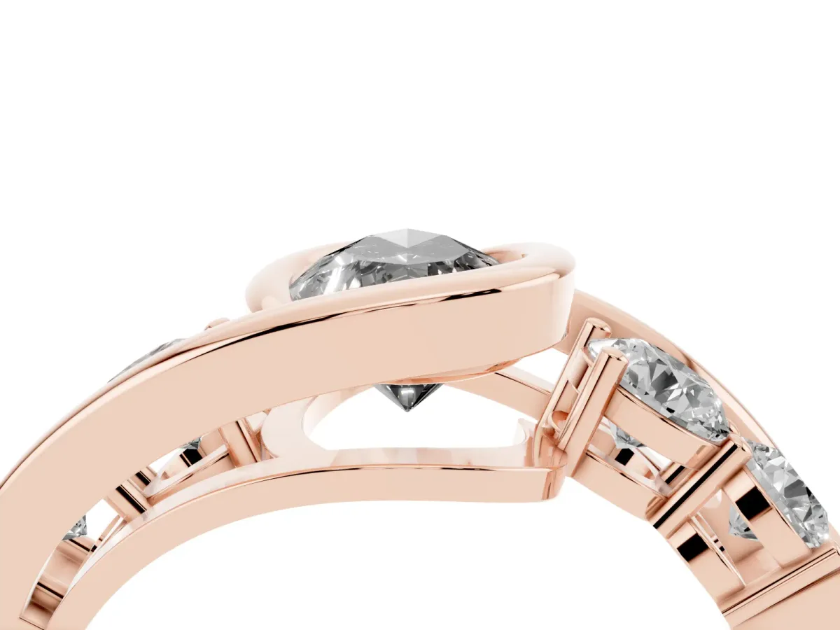 Fancy Black Bezel Set Pear Cut Diamond Bypass Ring with Round Accents Rose gold
