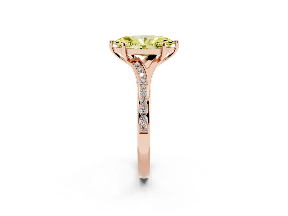 Fancy Yellow Marquise Cut Diamond Solitaire Ring with Pavé Band and Prong Setting Rose gold