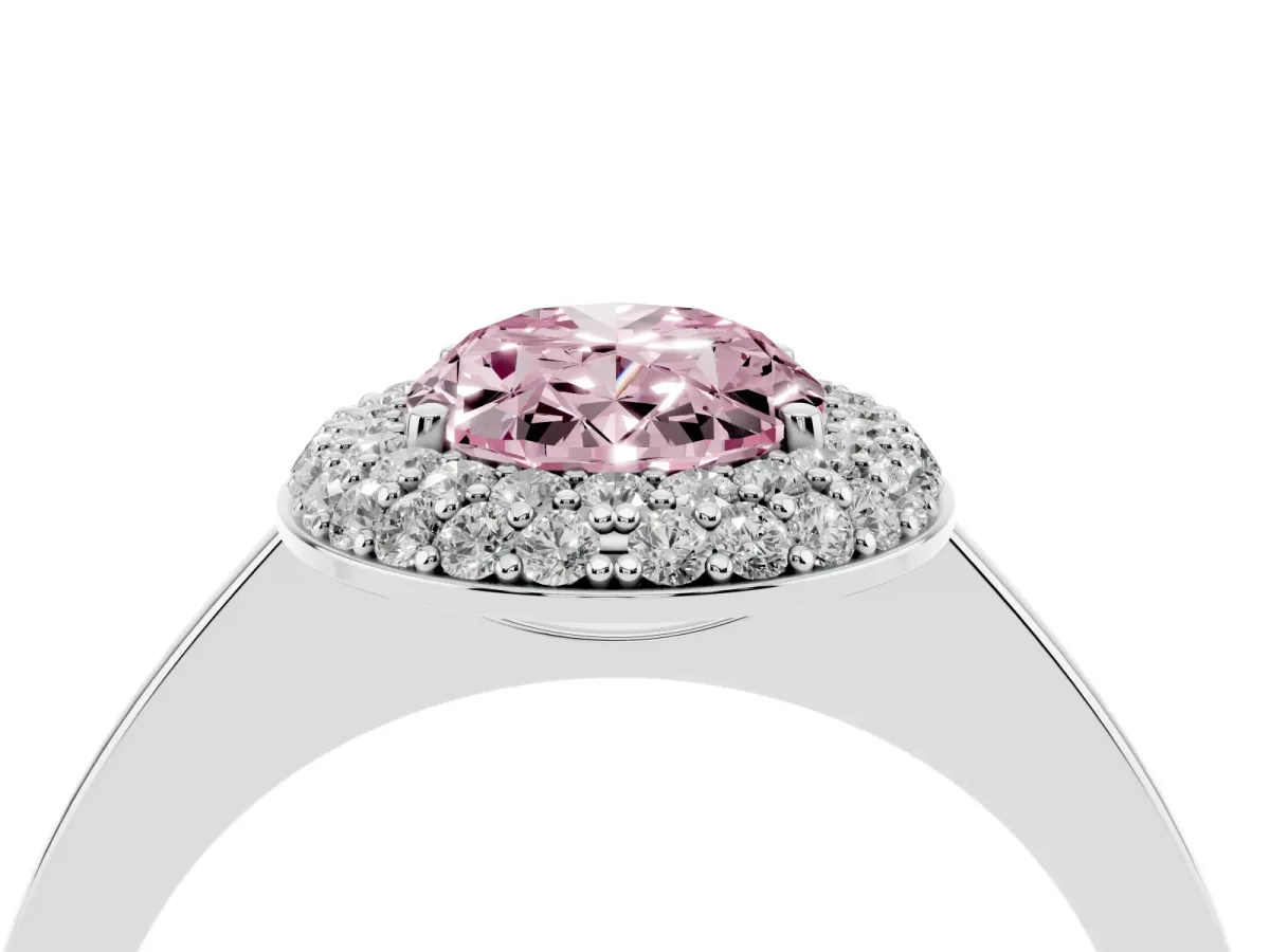 Fancy Pink Oval Cut Halo Diamond Engagement Ring with Solitaire Band and Four-Prong Setting Platinum