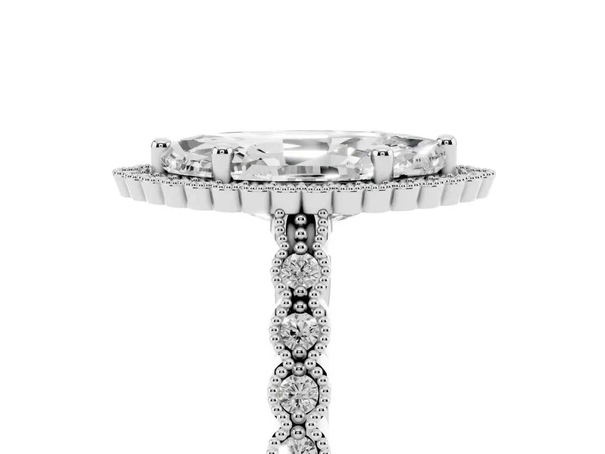 Marquise Cut Cut Halo Pavé Solitaire Ring with Milgrain Band White gold