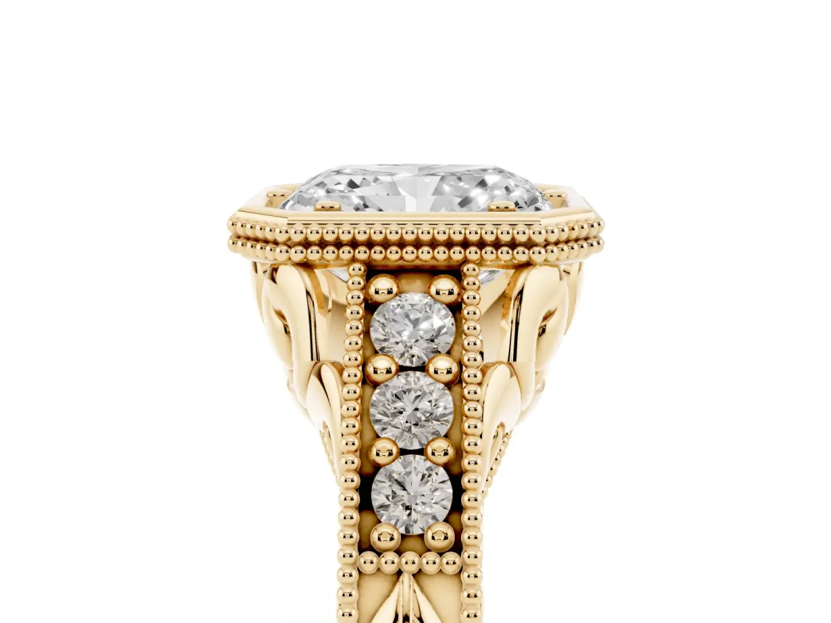 Bezel Set Radiant Cut Diamond Milgrain Pave Engagement Ring Yellow gold