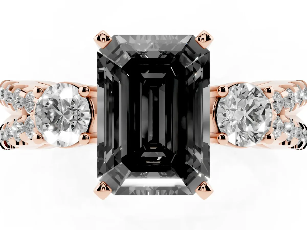 Fancy Black Emerald Cut Diamond Three-Stone Ring with Pavé Split Shank and Four-Prong Setting Rose gold