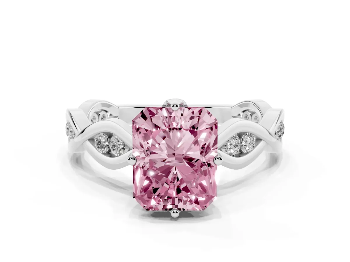 Fancy Pink Radiant Cut Solitaire Twist Band with Leaf Prong Setting Silver