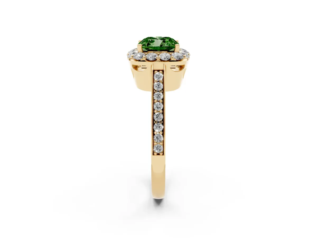 Fancy Green Cushion Cut Diamond Floral Halo Ring with Pavé Band and Prong Setting Yellow gold