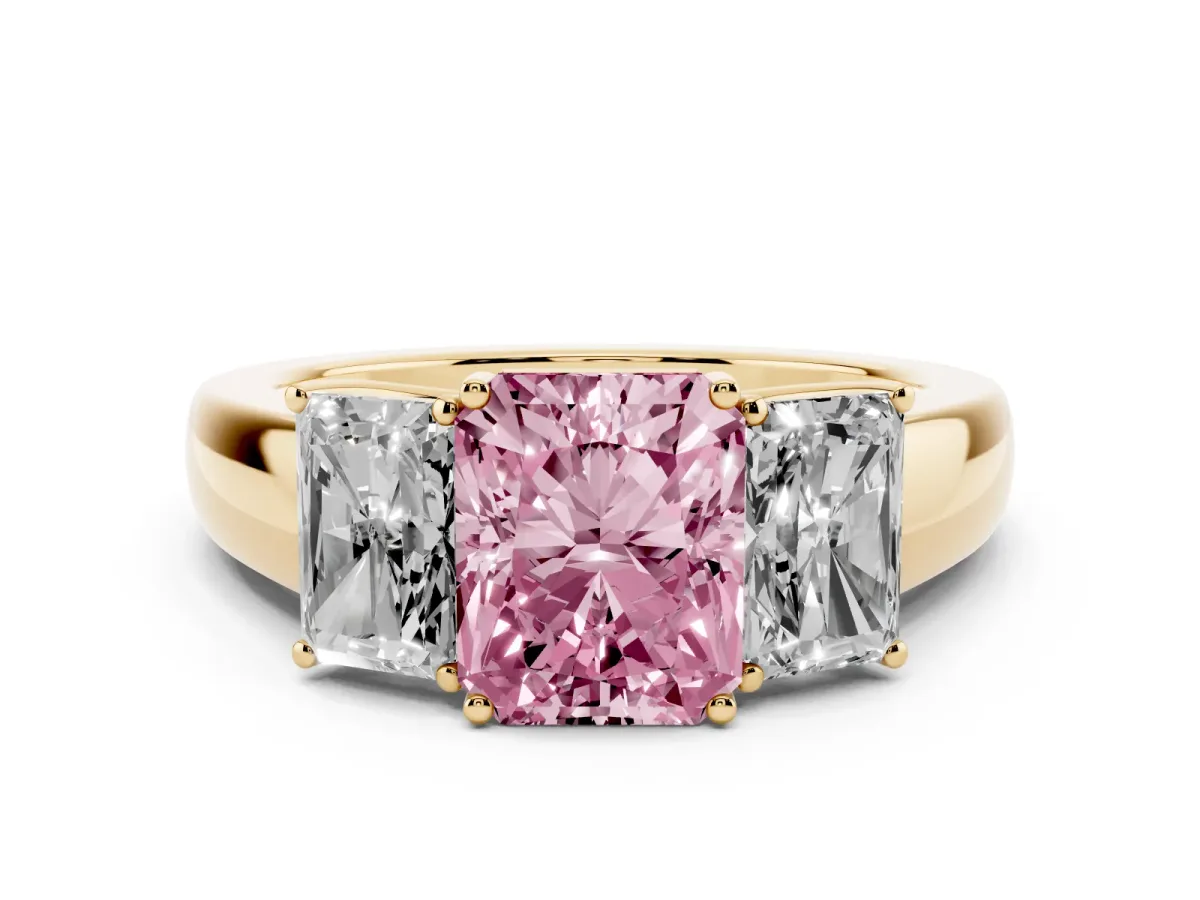 Fancy Pink Three-Stone Radiant Cut Cut Diamond Ring with Prong Setting and Classic Band Yellow gold