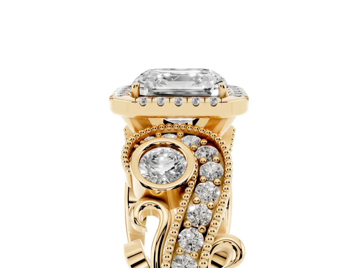 Asscher Cut Halo Diamond Ring with Milgrain and Bezel Accents on a Split Shank Band Yellow gold