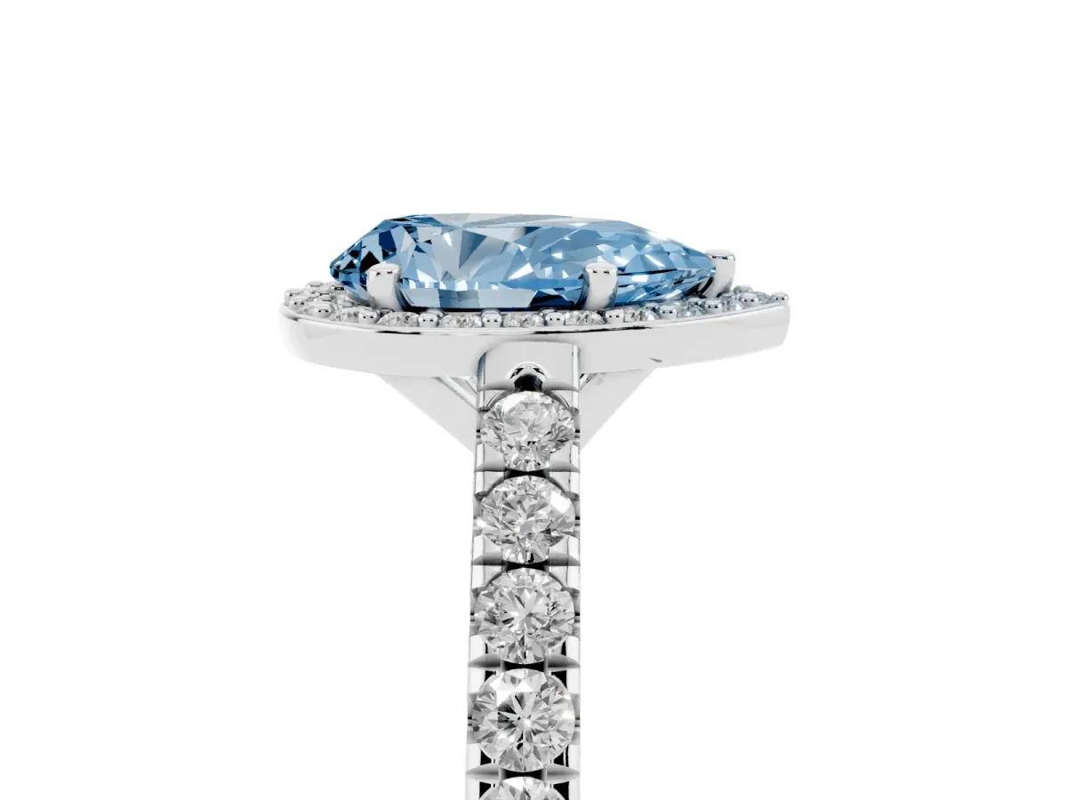 Fancy Blue Pear Cut Cut Halo Diamond Engagement Ring with Pave Band and Four-Prong Setting Platinum