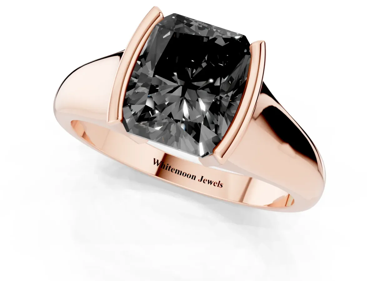 Fancy Black Radiant Cut Solitaire Tension Set Diamond Ring with Split Shank Band Rose gold
