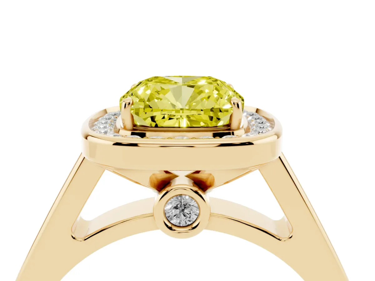 Fancy Yellow Cushion Cut Halo Solitaire Diamond Ring with Pave Band and Bezel Setting Yellow gold