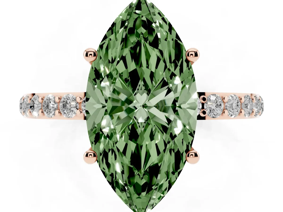 Fancy Green Marquise Cut Diamond Solitaire Ring with Round Pavé Shoulders and Prong Setting Rose gold