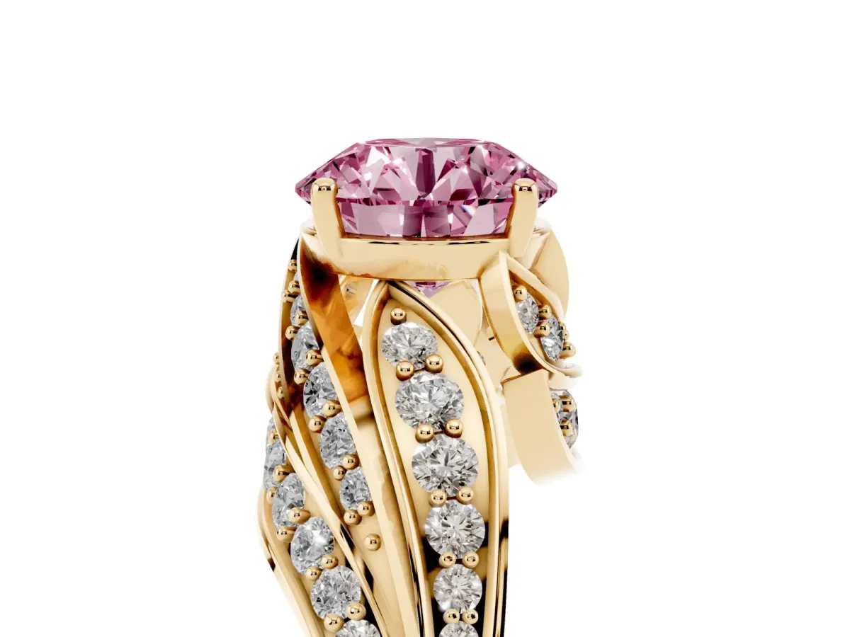 Fancy Pink Round Cut Diamond Solitaire Ring with Prong Setting and Twisted Pavé Band Yellow gold