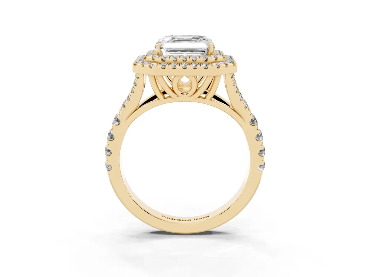Asscher Cut Diamond Pavé Split Shank Double Halo Engagement Ring Yellow gold