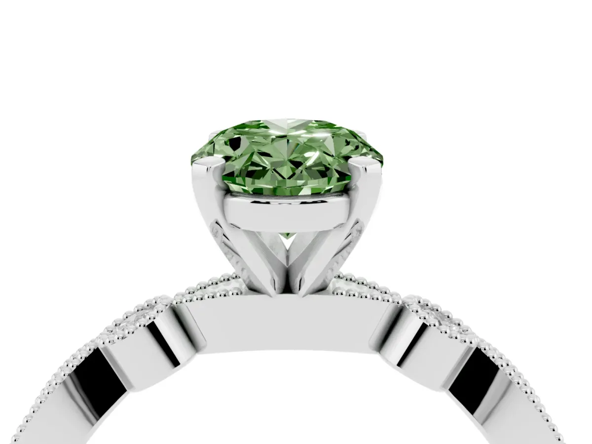 Fancy Green Oval Cut Milgrain Bezel Diamond Engagement Ring with Solitaire Prong Setting Platinum