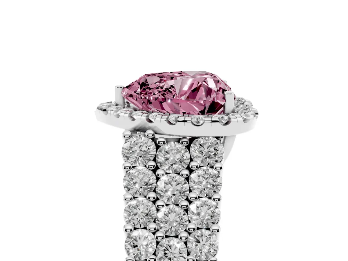 Fancy Pink Heart Cut Diamond Halo Engagement Ring with Triple Row Round Pavé Band and Prong Setting Silver