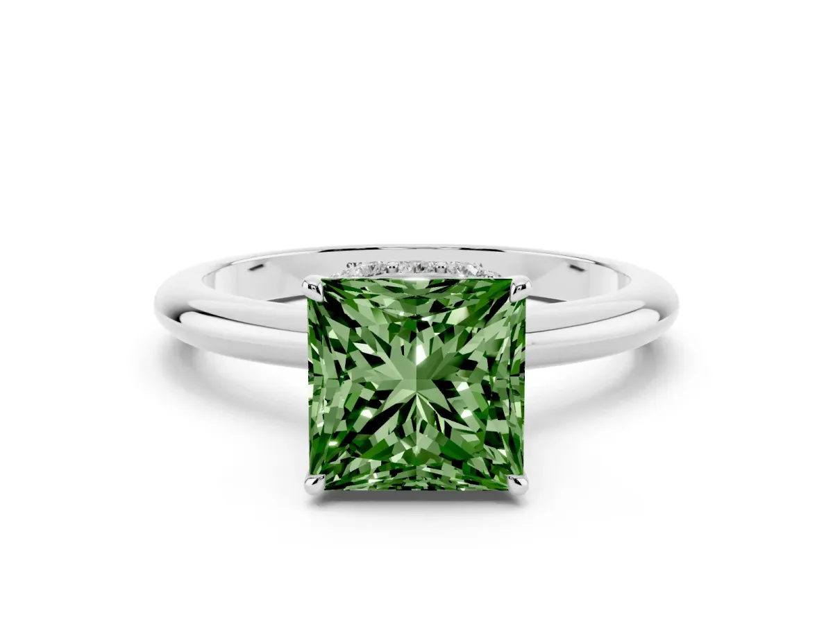 Fancy Green Princess Cut Brilliant Solitaire Engagement Ring with Six-Prong Setting and Classic Band Silver