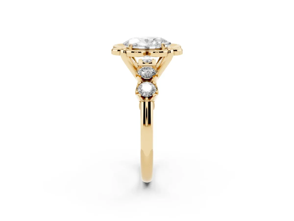 Oval Cut Cut Diamond Floral Halo Engagement Ring with Shared Prong Setting Yellow gold