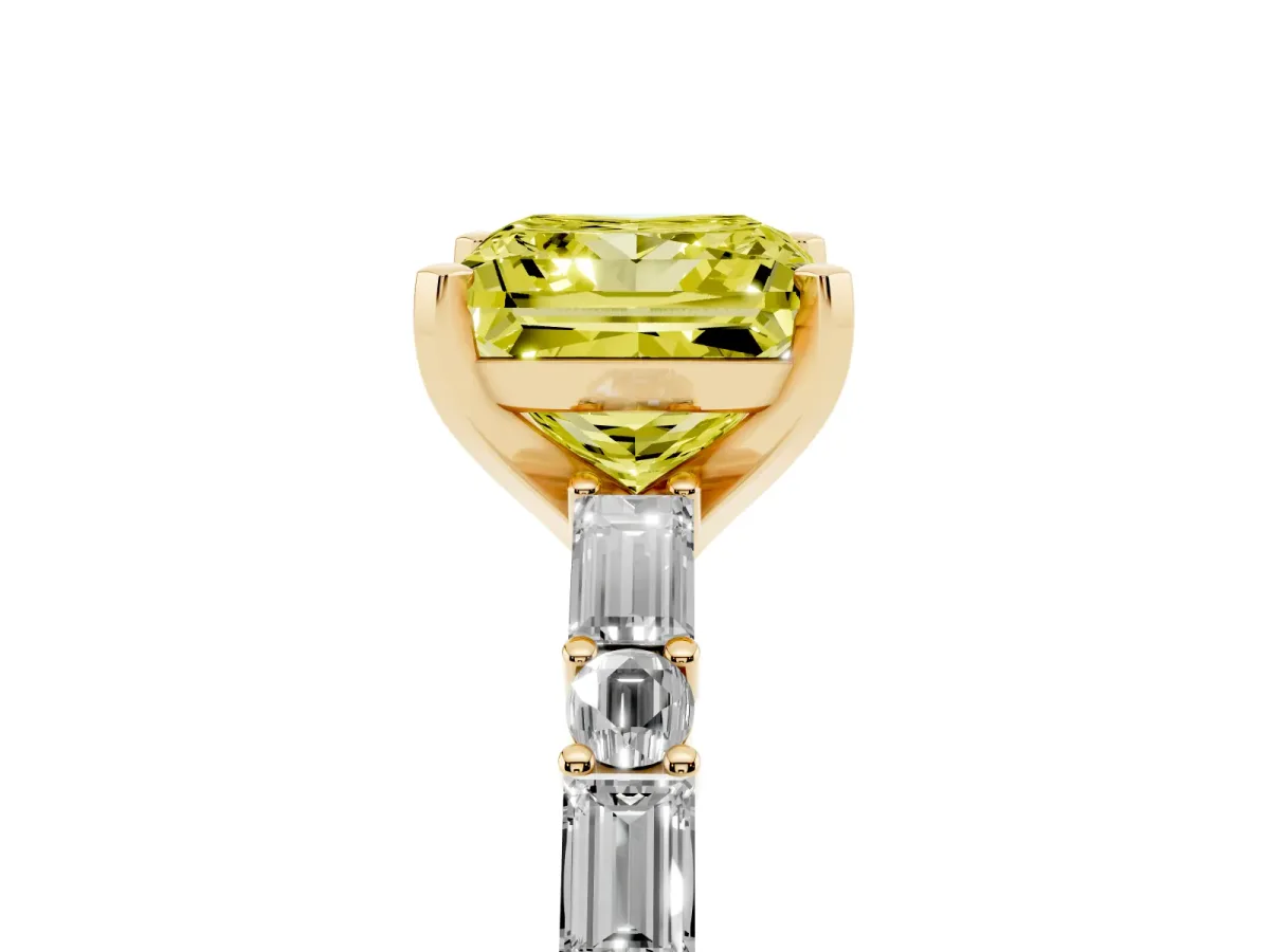 Fancy Yellow Princess Cut Diamond Solitaire with Side Baguettes and Channel Set Band Yellow gold