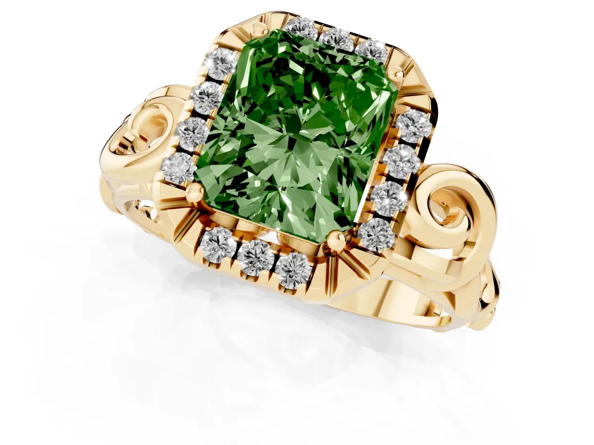 Fancy Green Radiant Cut Cut Halo Diamond Ring with Scrollwork Band and Four-Prong Setting Yellow gold