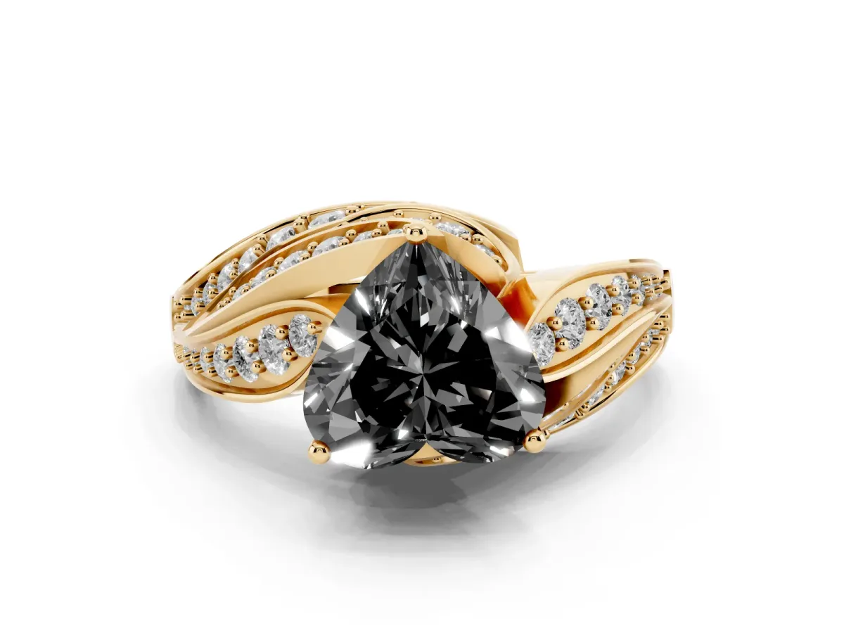 Fancy Black Heart Cut Diamond Solitaire Ring with Prong Setting and Twisted Pavé Band Yellow gold