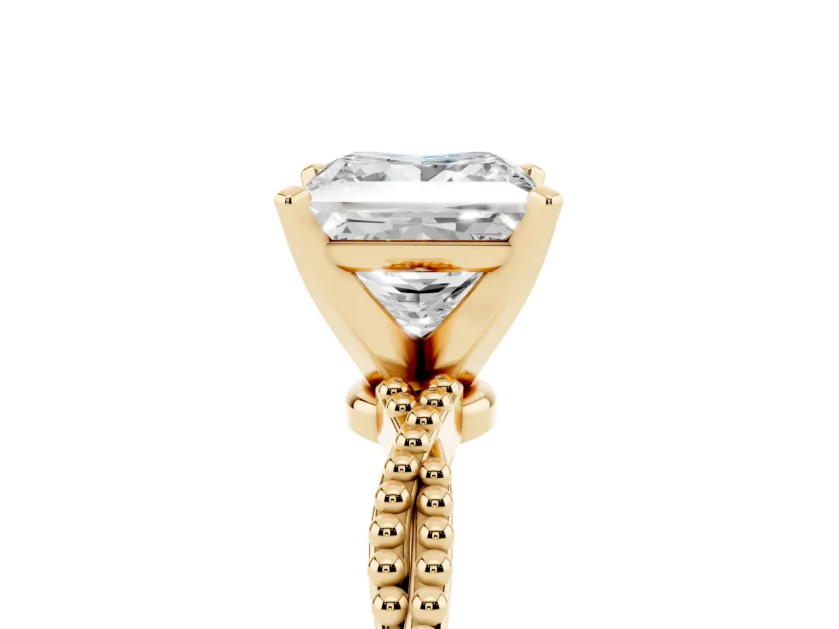 Princess Cut Solitaire Twisted Band with Bead Prong Setting Yellow gold