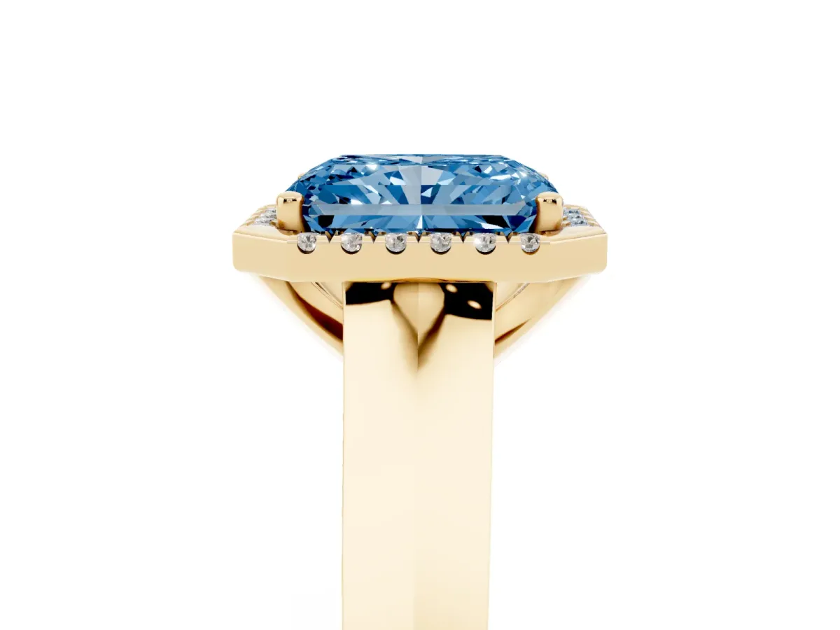 Fancy Blue Radiant Cut Halo Diamond Ring with Cathedral Band and Four-Prong Setting Yellow gold