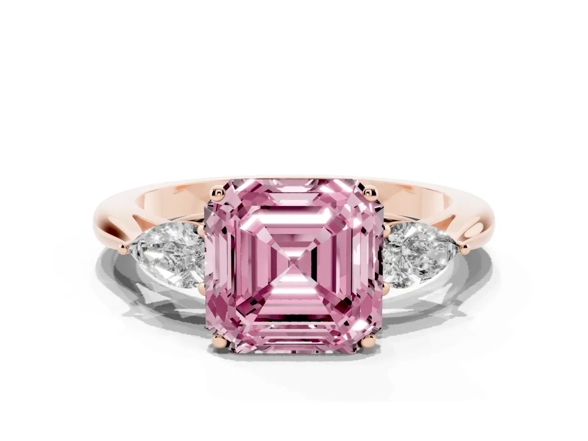 Fancy Pink Three-Stone Asscher Cut Brilliant Diamond Solitaire Ring with Tapered Band and Four-Prong Setting Rose gold