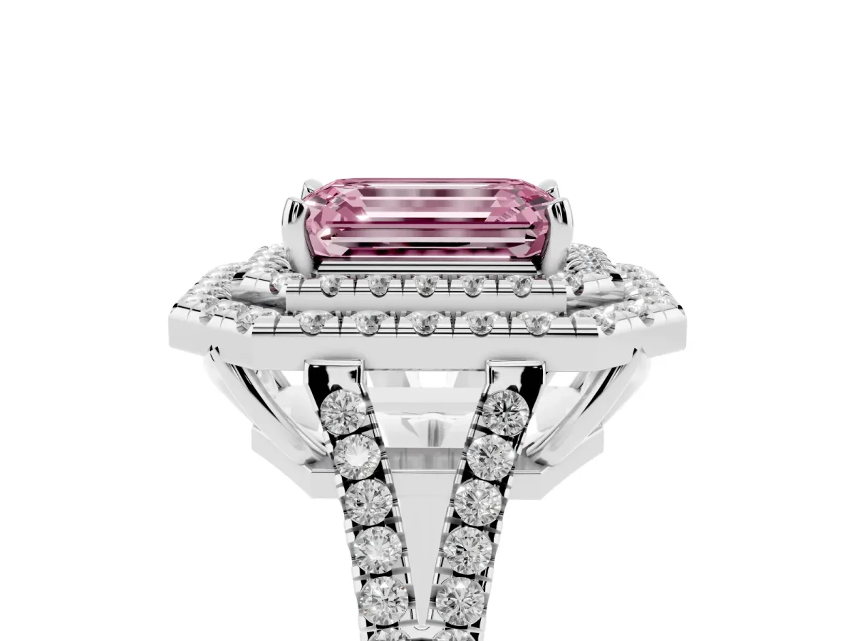 Fancy Pink Emerald Cut Diamond Double Halo Ring with Pavé Band and Prong Setting Silver