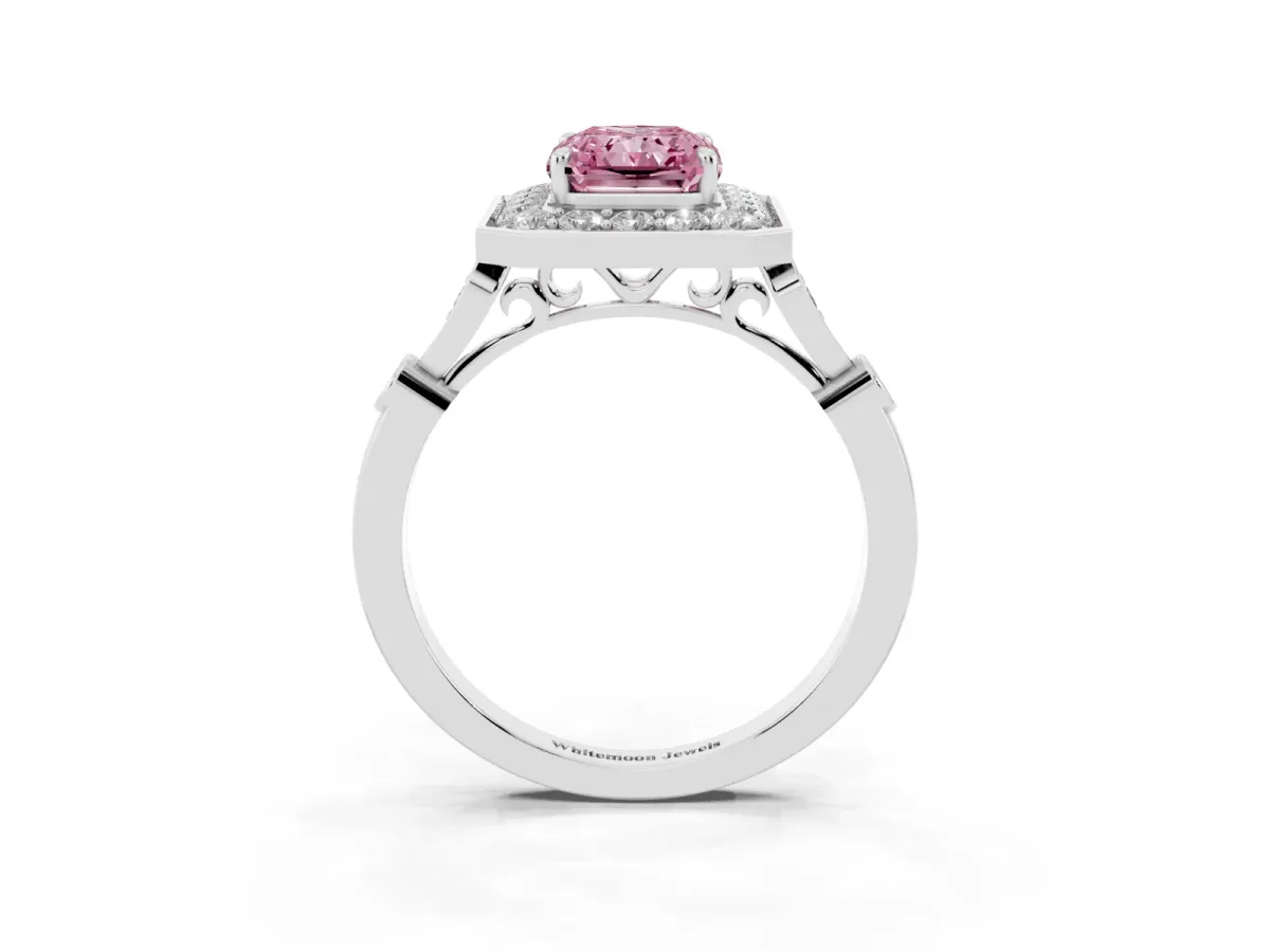 Fancy Pink Radiant Cut Halo Diamond Engagement Ring with Twisted Band and Four-Prong Setting Silver