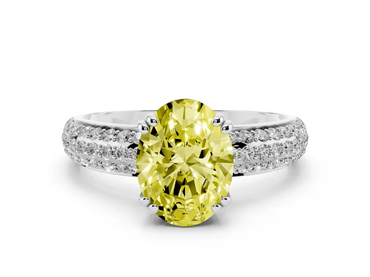 Fancy Yellow Oval Cut Diamond Solitaire Ring with Multi-Row Round Pavé Band and Prong Setting Silver