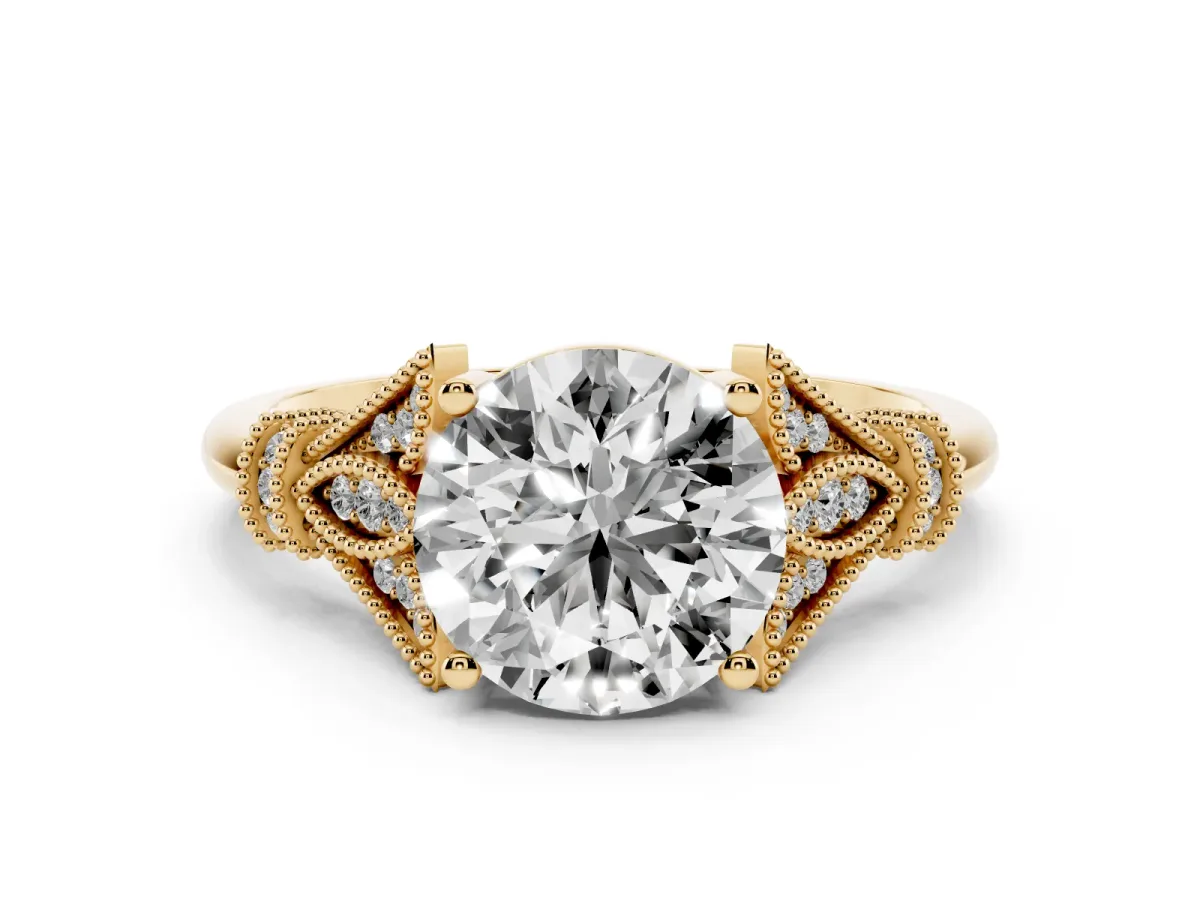 Round Cut Diamond Solitaire Ring with Floral Filigree and Pave Accents Yellow gold