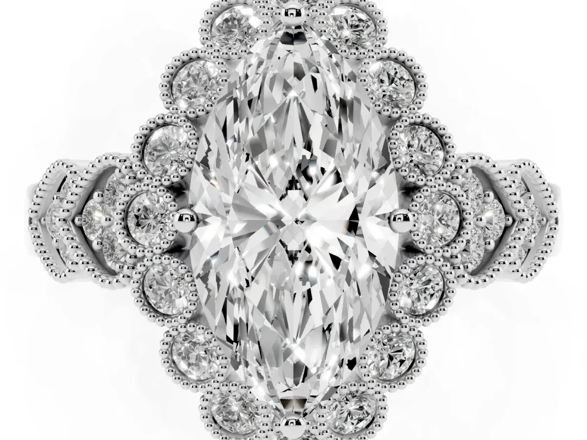 Marquise Cut Brilliant Milgrain Pave Heart Band Solitaire Ring Platinum