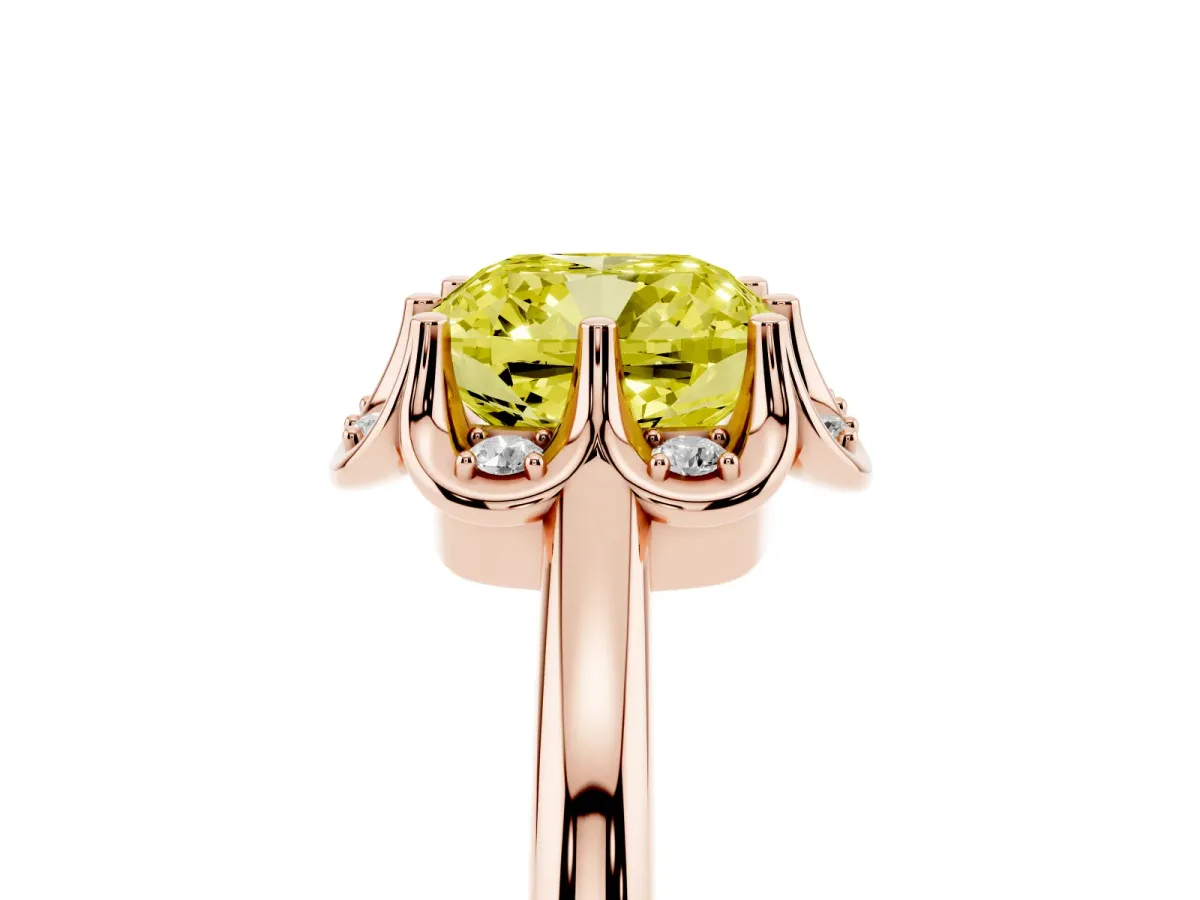 Fancy Yellow Cushion Cut Halo Diamond Ring with Round Cluster Setting, Solitaire Band, and Four-Prong Setting Rose gold