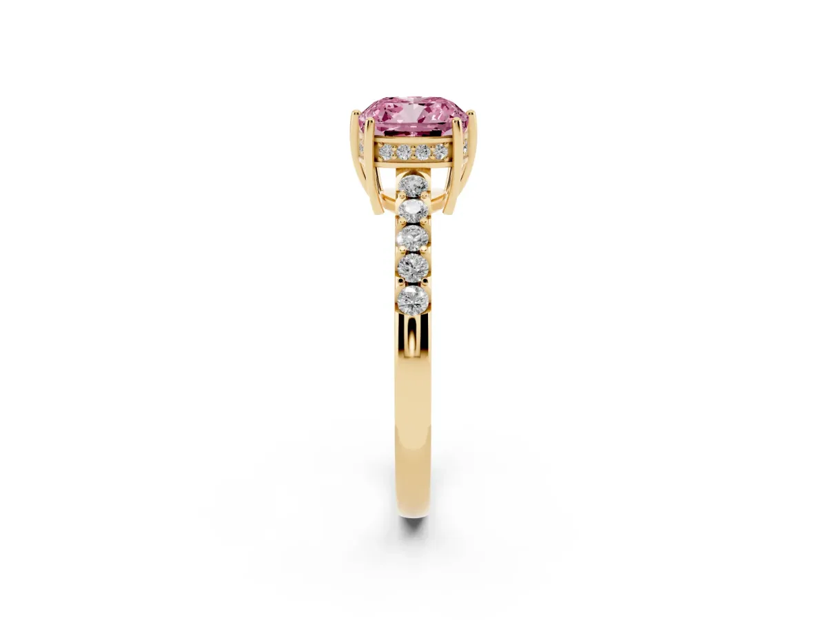 Fancy Pink Cushion Cut Solitaire Diamond Engagement Ring with Pavé Band and Six-Prong Setting Yellow gold