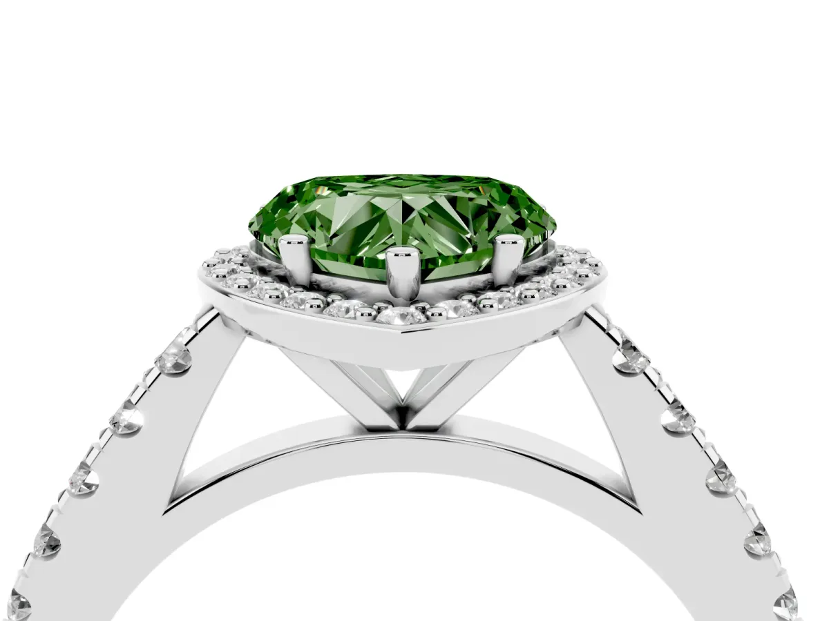 Fancy Green Heart Cut Cut Halo Diamond Engagement Ring with Pave Band and Four-Prong Setting Platinum